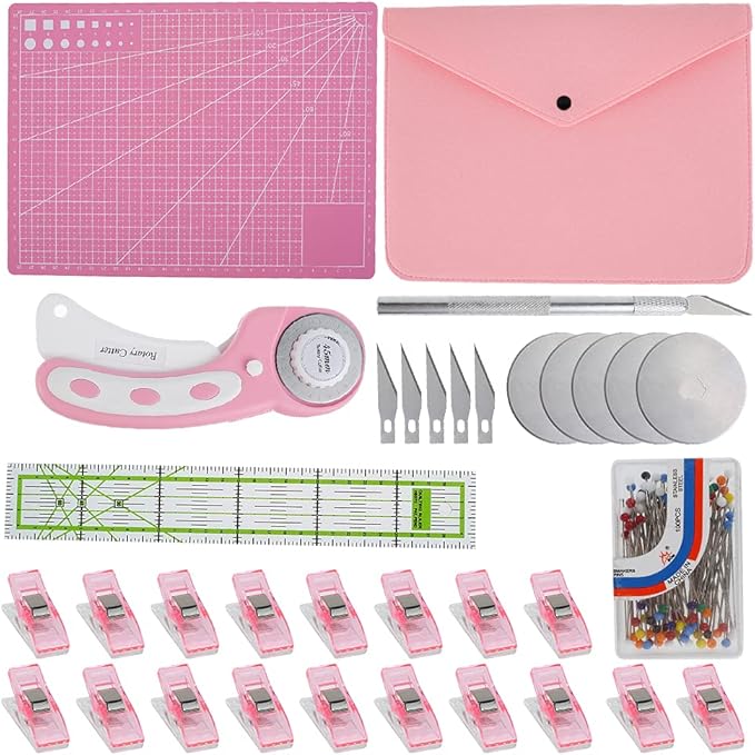 Abizarch Rotary Cutter Set - 45mm Rotary Fabric Cutter, A4 Cutting Mat, Self Healing Sewing Mats, Quilting Ruler and Fixing Clips, Craft Knife Set, Ideal for Crafting, Sewing, Patchworking