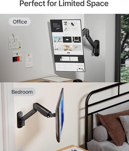 monTEK Single Monitor Wall Mount for 17 to 32 inch Flat/Curved Screens, Holds to 19.8 lbs, Full Motion Adjustable Mechanical Spring Monitor Arm, 75x75/100x100 VESA Wall Mount, Black