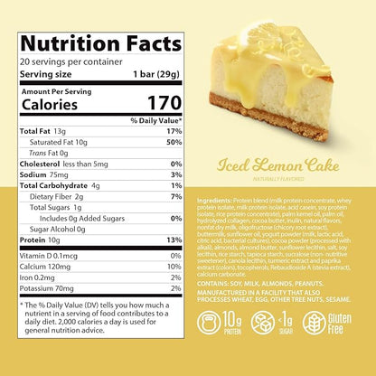 Genius Gourmet Protein Bar, Iced Lemon Cake, Keto Snack, Low Carb, Low Sugar & Gluten Free, Protein Snacks for Adults, 10G of Whey Protein per Protein Bar, 5 Net Carbs, 20 Count