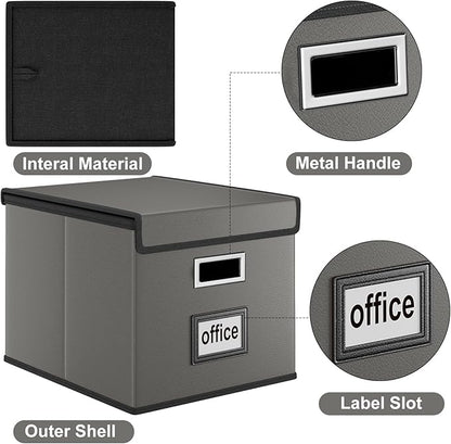 Huolewa Faux Leather File Organizer Box with Lid, Collapsible Hanging File Folder Box Organizer with Plastic Slides, Decorative Home/Office Filing System Boxes for File and Folders Storage
