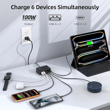 Updated USB C Fast Charger Block, 100W GaN 6 Port PD USB C QC USB A Wall Charger Adapter Plug Cube, Type C Charging Station Hub for iPhone 17 16 15 14 13 Pro Max iPad Samsung Pixel 5ft Extension Cord