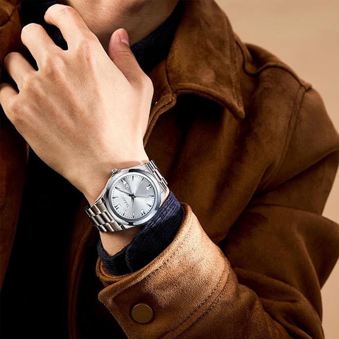 Mens Silver Watch Luxury Minimalist Dress Watch Classic Waterproof Watches for Men Analog Quartz Stainless Steel Men's Wrist Watches with Date Luminous Relojes para Hombres