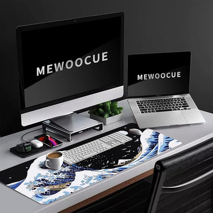 MEWOOCUE® Gaming Mouse Pad for Desk,Large Wave Mousepad Laptop,Black Japanese Anime Mouse Mat,Long XXL Waterproof Keyboard Pads,Big Non-Slip Mousepads for Game Office Home（35.4 x 15.7 in）
