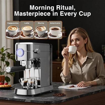 Crzoe 20 Bar Expresso Coffee Machines, Compact 1350W Espresso Machine with Milk Frother, Stainless Steel Cappuccino Machine with Fast Heating System, 1.2L Removable Water Tank, for Home&Office