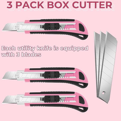 3-Pack Box Cutter, 18mm Wide Blade Utility Knife Retractable, Pink Box Cutter with Quick Change Blade and Lanyard Hole Design, Exacto Knife Suitable for DIY, Office, Arts Crafts and Home