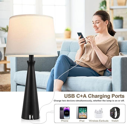 Seealle Modern Table Lamps Set of 2 - Touch Bedside Lamp for Nightstand with USB C+A,3-Way Dimmable Black Nightstand Lamps for Living Room Bedroom End Table(Bulb Included)