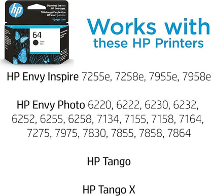HP 64 Black Ink Cartridge | Works with Envy Inspire 7250e, 7950e, Envy Photo 6200, 7100, 7200, 7800, 7900, Tango Series | Eligible for Instant Ink | N9J90AN