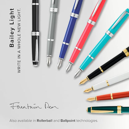 Cross Bailey Light Refillable Fountain Presented in a Everyday Gift Box - Medium Point, Black Ink, Polished White