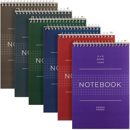 Juvale 6 Pack Quad Ruled 6x9 Inch Top Bound Spiral Graph Paper Notebook - 80 Sheets / 160 Writable Page Steno Notepads for Writing, Sketching, Drawing, School Supplies (6 Colors)