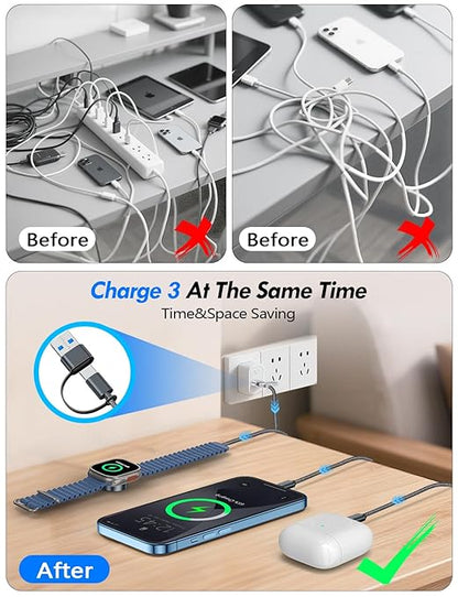 1Pack Multi Charging Cable Cord for Travel Essentials,Apple Watch Charger,iPhone Charger,[3-in-2] Type C/Lightning Cable Portable Designed for iWatch,iPhone 17-8,Galaxy S25-21,AirPods,iPad-1.5M Black