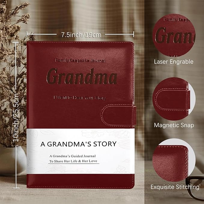 Artmag Grandma's Life Story Journal with 250+ Prompt Questions, Family Keepsake Book Leather Cover for Grandma to Share Her Memories for Birthday Mother's Day Christmas (Red)