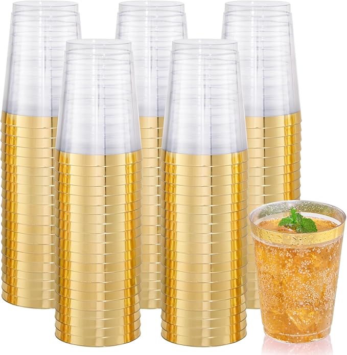 Nervure 120PCS Gold Plastic Cups - 10Oz Gold Rim Plastic Cups - Heavy Duty Disposable Cups - Clear Cup with Gold Rim for Weddings, Birthdays, Gatherings and Party