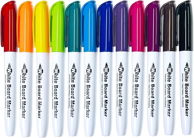 SFAIH Dry Erase Markers Fine Tip - 12 Colors Whiteboard Markers Dry Erase For Kids Adult Low Odor, Black Dry Erase Markers Fine Point For Home Classroom