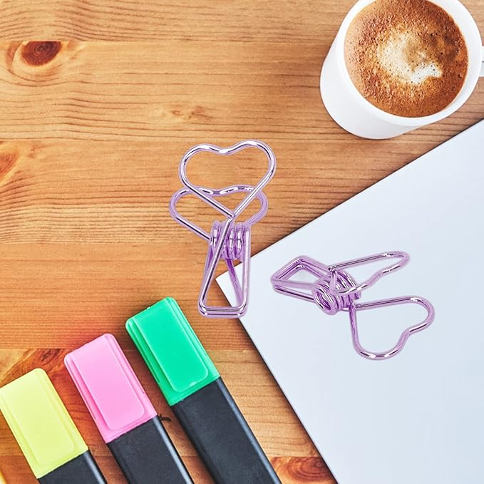 Clips in Assorted Sizes, Medium Metal Paper Clips, 100 Pcs Rose Gold - Strong Clamping Force, Hollow Heart Shape, Cute Office Document Accessories (Purple)