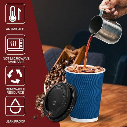Lamosi 12 OZ Disposable Coffee Cups with Lids 100 Pack, Hot Paper Insulated Corrugated Ripple Wall Cup for To Go Drinks and Beverages