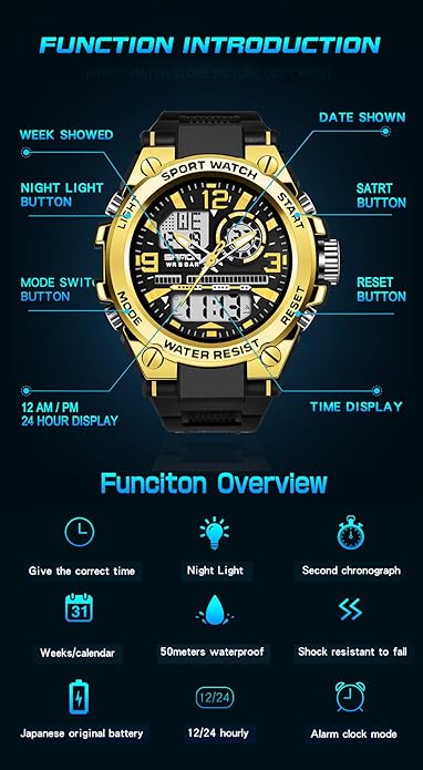 KXAITO Men's Watches Sports Outdoor Waterproof Military Watch Date Multi Function Tactics LED Alarm Stopwatch