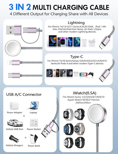 1Pack Multi Charging Cable Cord for Travel Essentials,Apple Watch Charger,iPhone Charger,[3-in-2] Type C/L Cable Portable Designed for iWatch,iPhone 17-8,Galaxy S25-21,AirPods,iPad-1.8M Gray