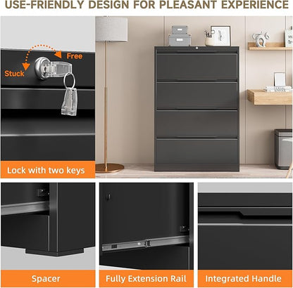 File Cabinet, 4 Drawer Metal File Cabinet with Lock, Lateral File Cabinet for Home and Office, Lateral File Cabinet for A4 Legal/Letter Size, Assembly Required (Black, 4 Drawer)