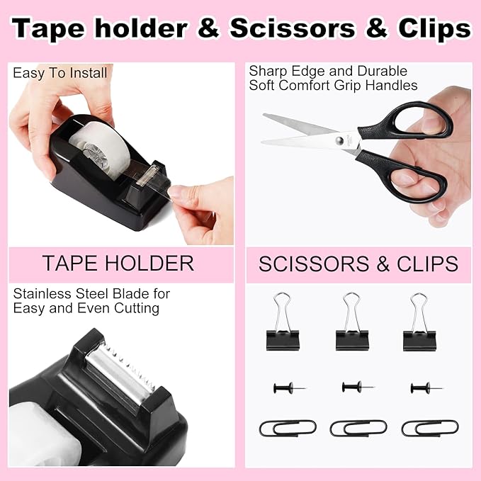 Desk Organizers and Accessories Set with 360-Degree Rotating Pen Holder, Tape Dispenser, Stapler, Staple Remover, 1000 Staples, Tape, Clips Set, Ruler, Scissor, Pen (Black, 10 Pcs Set)