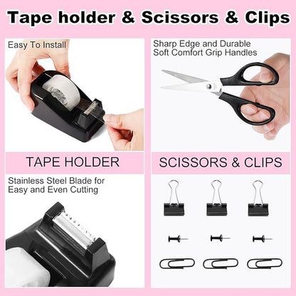 Desk Organizers and Accessories Set with 360-Degree Rotating Pen Holder, Tape Dispenser, Stapler, Staple Remover, 1000 Staples, Tape, Clips Set, Ruler, Scissor, Pen (Black, 10 Pcs Set)