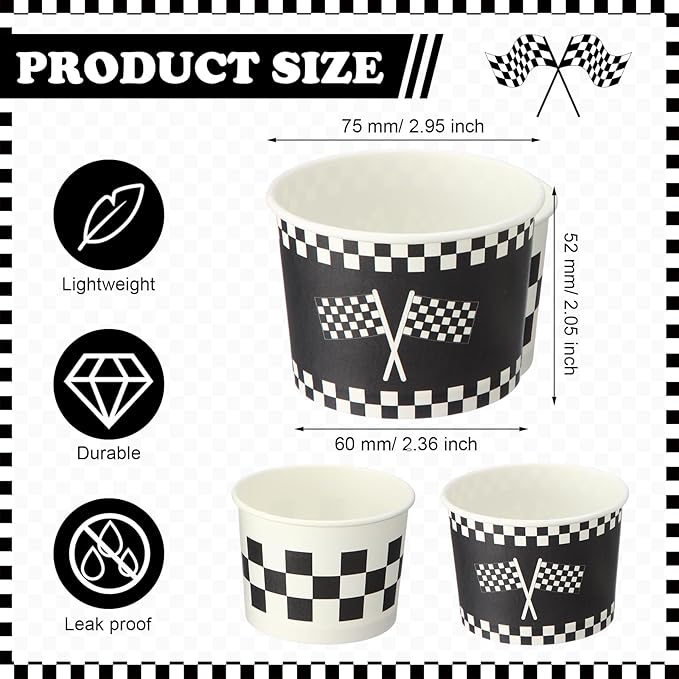 Honeydak 400 Pack 150 ml/ 5 oz Ice Cream Cups for Racing Theme Party Black and White Ice Cream Cups Disposable Treat Paper Dessert Snacks Sundae Container Wedding Birthday Party Supplies