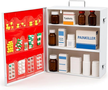 3-Shelf First Aid Cabinet with Pockets, Large Capacity Wall Mount Medicine Cabinet, Secure Metal Med Box with Easy Access-White