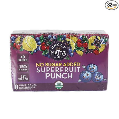 Uncle Matt’s Organic No Sugar Added Superfruit Punch Juice Boxes for Kids with Vitamin C, D, Zinc, Only 40 calories, 32 pack of 6.75 oz Boxes