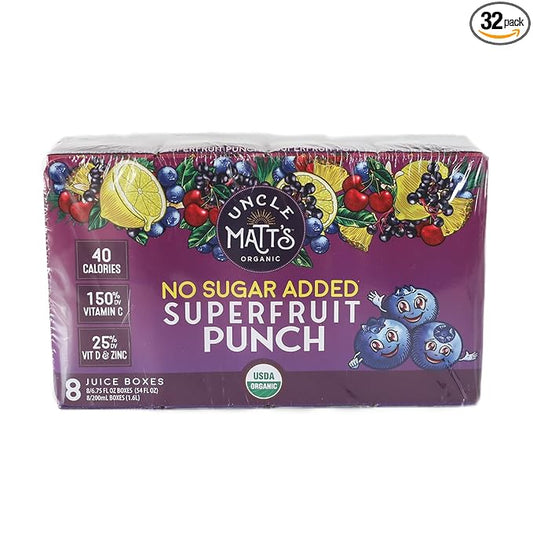 Uncle Matt’s Organic No Sugar Added Superfruit Punch Juice Boxes for Kids with Vitamin C, D, Zinc, Only 40 calories, 32 pack of 6.75 oz Boxes