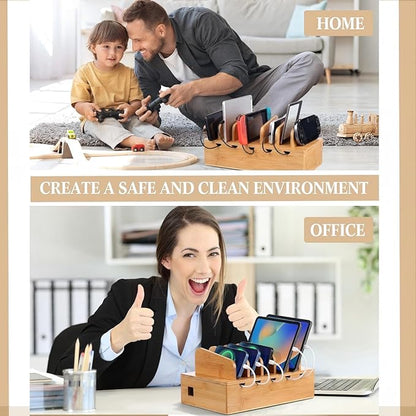 Bamboo Charging Station for Multiple Devices, Cell Phone Docking Charging Station Organizer and Cord Organizer for 10 Devices for Power Strip Storage, Phones and Tablets(Natural Wood Color)