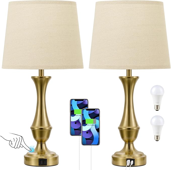 Seealle Upgraded Touch Lamps for Night Stands Set of 2 - Bedside Lamps with USB C+A, 3 Way Dimmable for Bedroom Living Room End Tables Office (Oat Shade&Coppery Base)