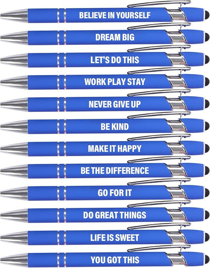 12 Pcs Blue Ink Fine Point Motivational Pens with Stylus Tips, Ballpoint Pens, Office Desk Accessories