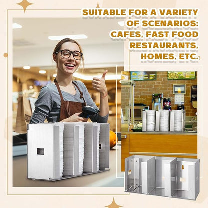 Hicarer 3 Compartments Stainless Steel Cup Dispenser with Adjustable Dividers Silver Cup and Lid Holder Lid Organizer Storage for Cabinet Kitchen Cafe Tea Shop Restaurant, Silver