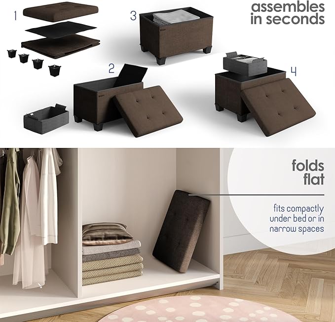 STORAGEBUD Storage Ottoman Cube with Small Bin, 16-in Square Ottoman with Storage for Living Room and Bedroom, Small Ottomans Foot Rest, Fabric Foot Stools Ottomans Max 330lbs, Brown
