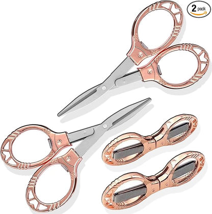 2 Pieces Small Scissors, Foldable Travel Mini Folding Scissor for Home, Office, Outdoor, Nurse, Portable Pocket Scissors Nurse Accessories (rose gold)