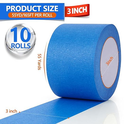 NEOACT 10 Rolls Blue Painters Tape 3 Inches x 55 Yards(550 Yards Total),Multi-Surface Masking Tape Bulk Blue Wide Roll,No Residue Painters Tape for Wall Painting,Home Improvement