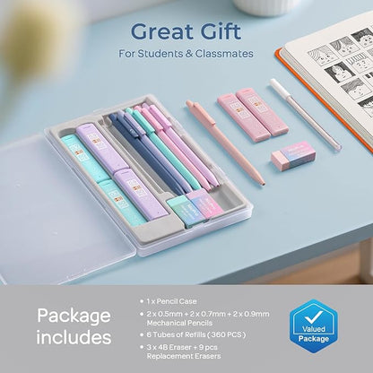 Nicpro 6PCS Pastel Mechanical Pencil Set with Case, Cute Drafting Pencils 0.5 mm & 0.7 mm & 0.9 mm with 6 Tubes HB Lead Refills, Erasers, Eraser Refills, Aesthetic School Supplies for Girls Writing