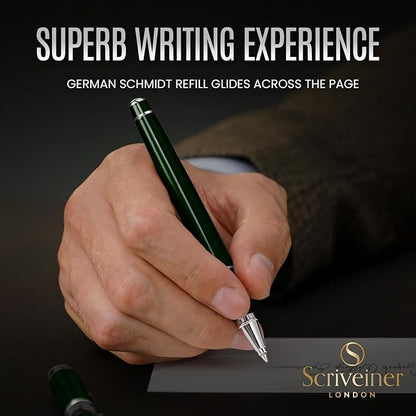 Scriveiner Personalized British Racing Green Pen - Stunning Green Lacquer Luxury Pen with Chrome Finish, Schmidt Ink Refill, Best Engraved Roller Ball Gift Set for Men & Women, Custom Name Engraving