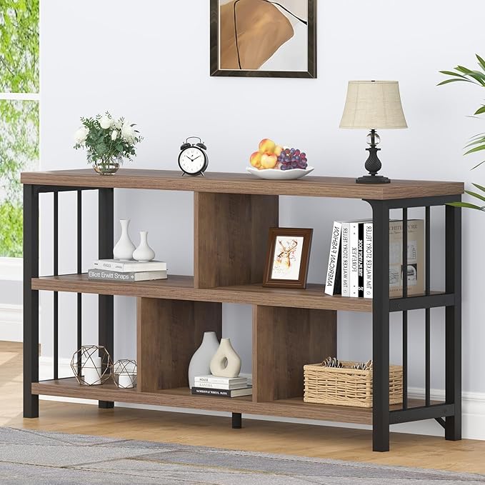 IBF 5 Cube Storage Organizer, Industrial Low Horizontal Bookshelf, Modern Wide Wood and Metal Bookcase with Book Storage, Short Open Cubby Book Shelf for Office Bedroom Living Room, Rustic Oak, 47 in