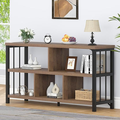 IBF 5 Cube Storage Organizer, Industrial Low Horizontal Bookshelf, Modern Wide Wood and Metal Bookcase with Book Storage, Short Open Cubby Book Shelf for Office Bedroom Living Room, Rustic Oak, 47 in