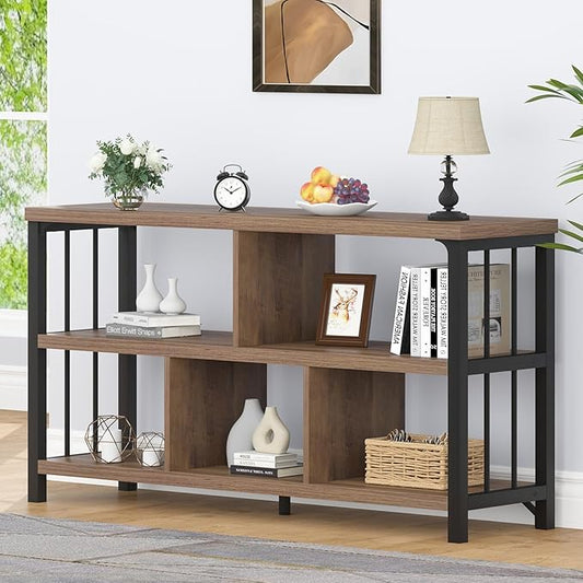 IBF 5 Cube Storage Organizer, Industrial Low Horizontal Bookshelf, Modern Wide Wood and Metal Bookcase with Book Storage, Short Open Cubby Book Shelf for Office Bedroom Living Room, Rustic Oak, 47 in