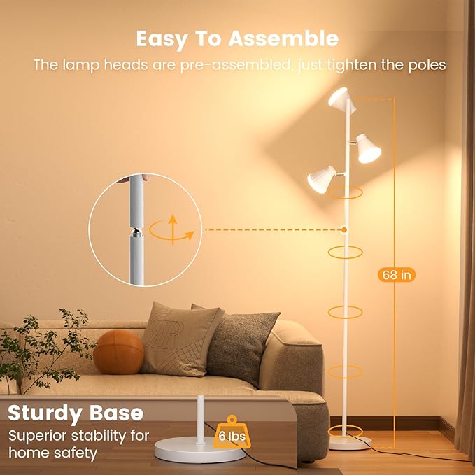 36W LED Tree Floor Lamp, Dimmable Tall Standing Lamp with Remote & Touch Control, 4 Color Temperatures Bright Floor Lamp, 3 Rotatable Light Modern Floor Lamps (White)
