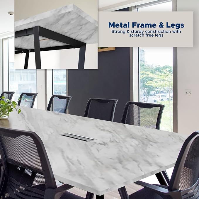 Sturdy Conference Table with Cable Management Grommets Modern Rectangle Office Meeting Table with Wood Tabletop and Metal Frame & Legs- Easy Assembly Boardroom Table (White Marble, 10 Foot)