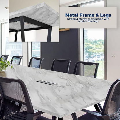 Sturdy Conference Table with Cable Management Grommets Modern Rectangle Office Meeting Table with Wood Tabletop and Metal Frame & Legs- Easy Assembly Boardroom Table (White Marble, 10 Foot)