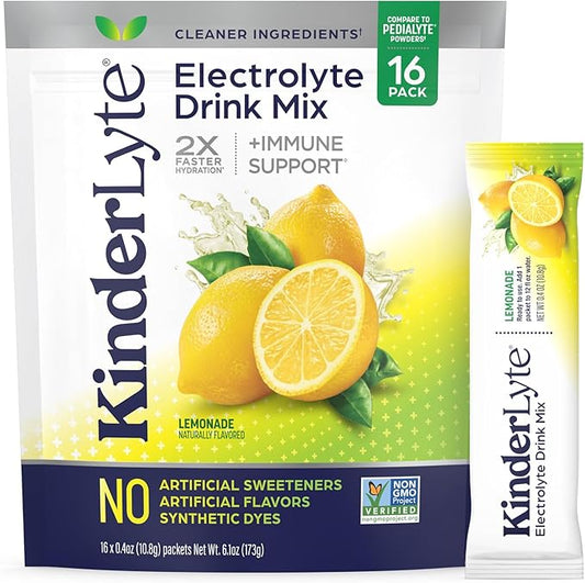 Kinderlyte Electrolyte Powder for Kids and Adults - Drink Mix Hydration Packets (Lemonade, 16 Count), No Artificial Sweeteners or Flavors, No Synthetic Dyes, Vegan, Non-GMO, Gluten-Free