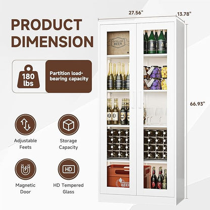 Display Storage Cabinet with Glass Door, 67 Inches Metal Curio Cabinet with 4 Adjustable Shelves, HD&Tempered Glass Display Case for Home, Office, Clinic, Pantry, Assemble Required (White)