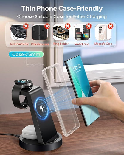 Wireless Charger for Samsung: 3 in 1 Wireless Charging Station for Samsung Galaxy Watch 8 7 6 5 4 3 Pro Classic Galaxy Buds - Charger Dock Stand for S26 S25 S24 Ultra S23 S22 S21 Note Z Fold Android