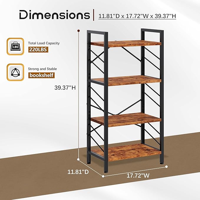 4 Tier Bookshelf, Industrial Bookcase with Metal Frame and Sidebars, Office Shelves for Small Spaces, Bedroom, Living Room, Rustic Brown