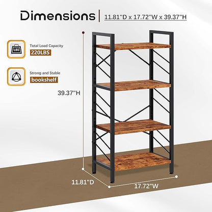 4 Tier Bookshelf, Industrial Bookcase with Metal Frame and Sidebars, Office Shelves for Small Spaces, Bedroom, Living Room, Rustic Brown