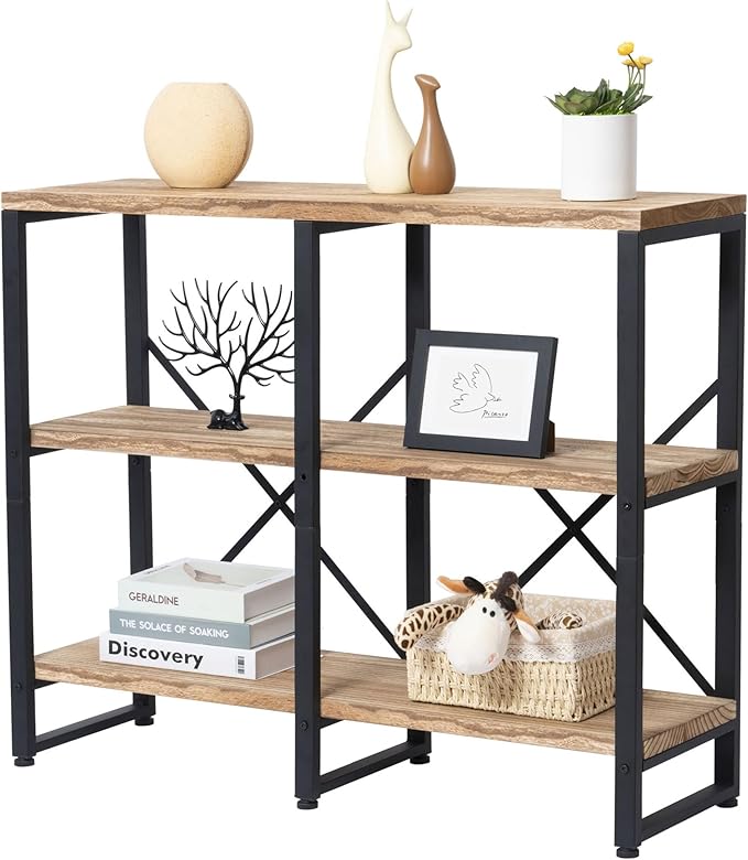 3 Tier Solid Real Wood Bookshelf Rustic Industrial Style 39.37" Width, Wooden Storage Shelves, Wooden and Metal Industrial Bookcase, Large Book Shelf Display Shelf for Home Office,Living Room