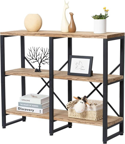 3 Tier Solid Real Wood Bookshelf Rustic Industrial Style 39.37" Width, Wooden Storage Shelves, Wooden and Metal Industrial Bookcase, Large Book Shelf Display Shelf for Home Office,Living Room